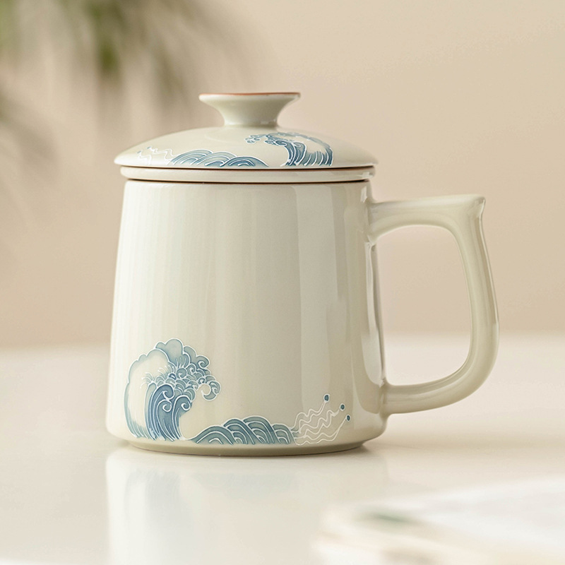 Japanese Blue Wave Tea Mug with Lid & Strainer