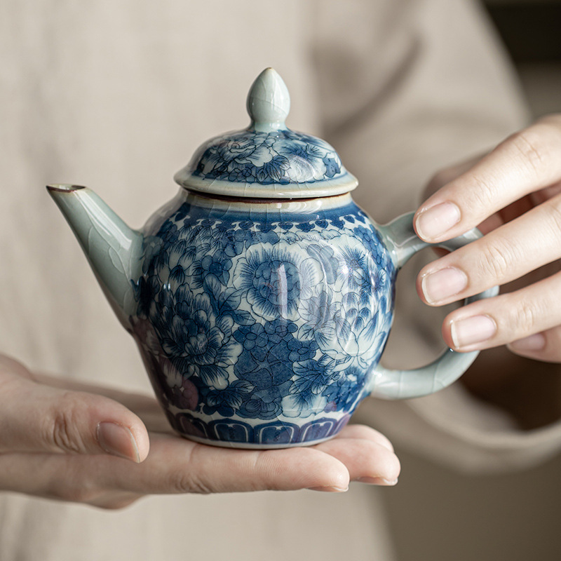 Blue and White Mineral Clay Teapot with Peony and Lotus
