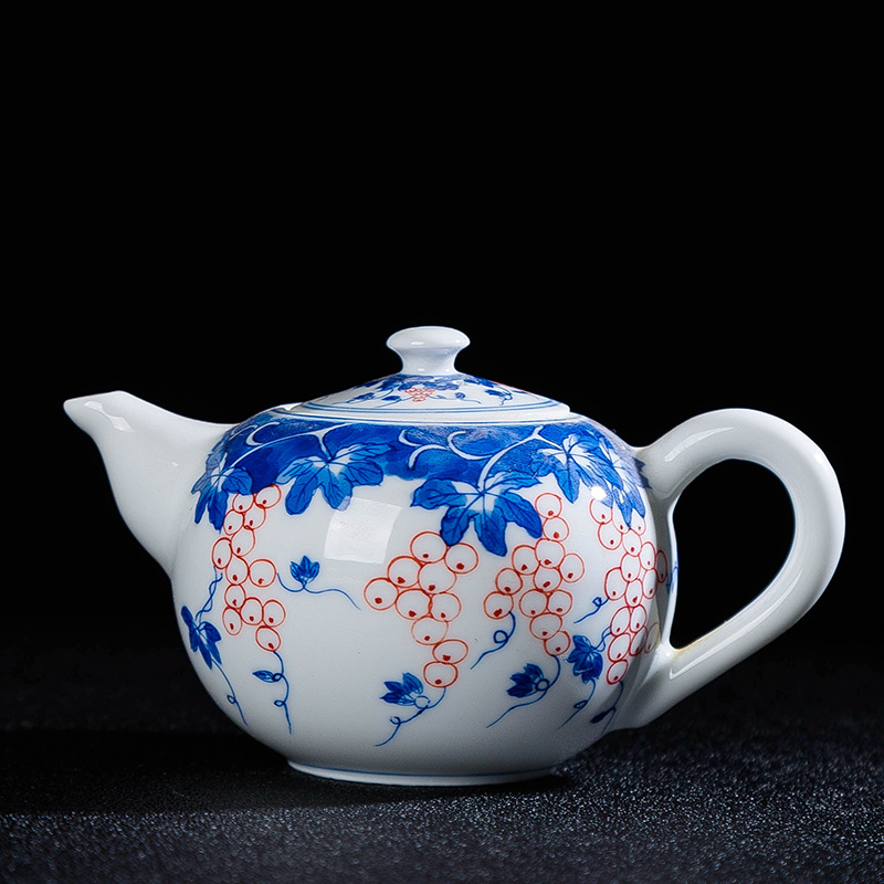 Hand-Painted Blue & White Underglaze Red Grape Teapot